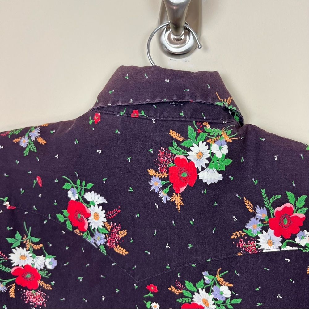 vintage 1950s western shirt black pearl snaps floral print dagger collar hippie - Picture 5 of 14